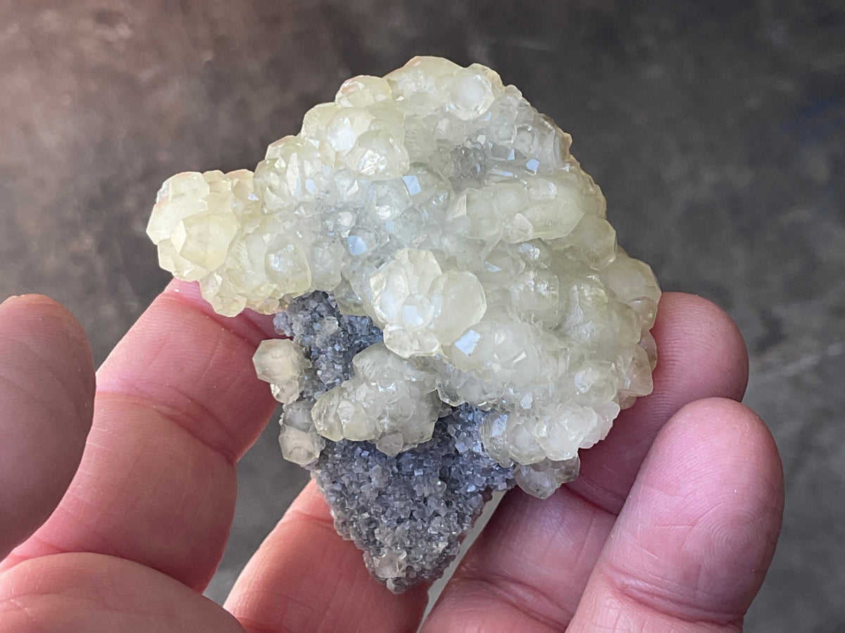 124g Yellow Botryoidal Calcite on Chalcedony on Druzy Quartz Specimen 2C from Guizhou, China