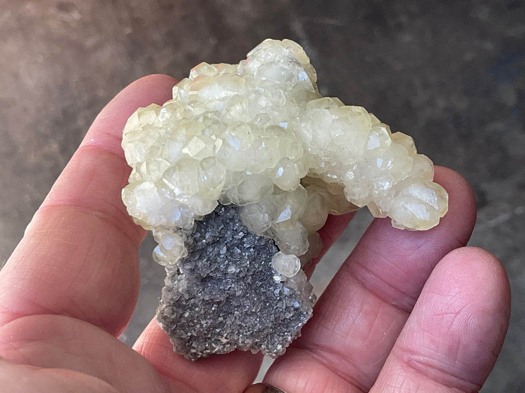 124g Yellow Botryoidal Calcite on Chalcedony on Druzy Quartz Specimen 2C from Guizhou, China