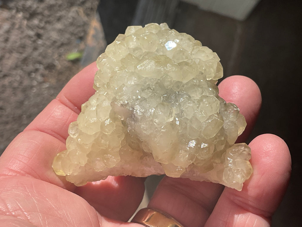 124g Yellow Botryoidal Calcite on Chalcedony on Druzy Quartz Specimen 2C from Guizhou, China