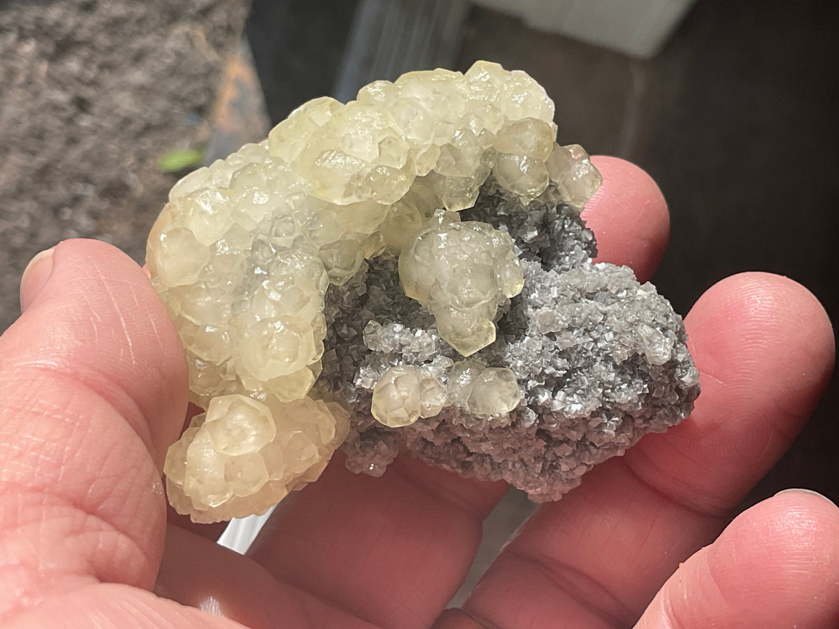 124g Yellow Botryoidal Calcite on Chalcedony on Druzy Quartz Specimen 2C from Guizhou, China