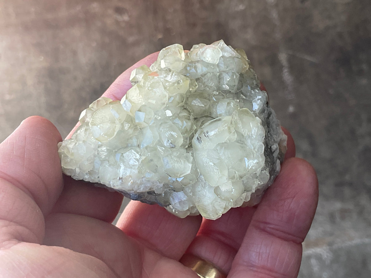 154g Yellow Botryoidal Calcite on Chalcedony on Druzy Quartz Specimen 3A