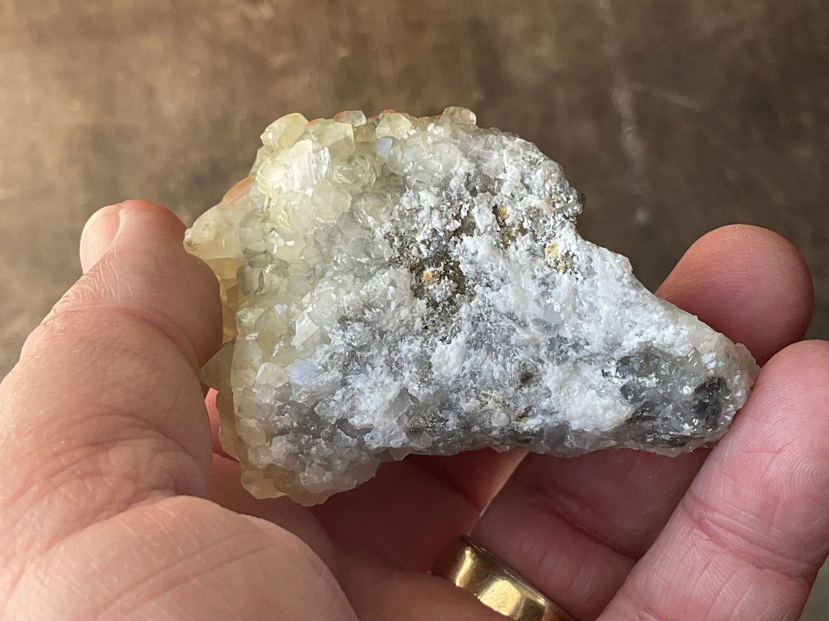 154g Yellow Botryoidal Calcite on Chalcedony on Druzy Quartz Specimen 3A