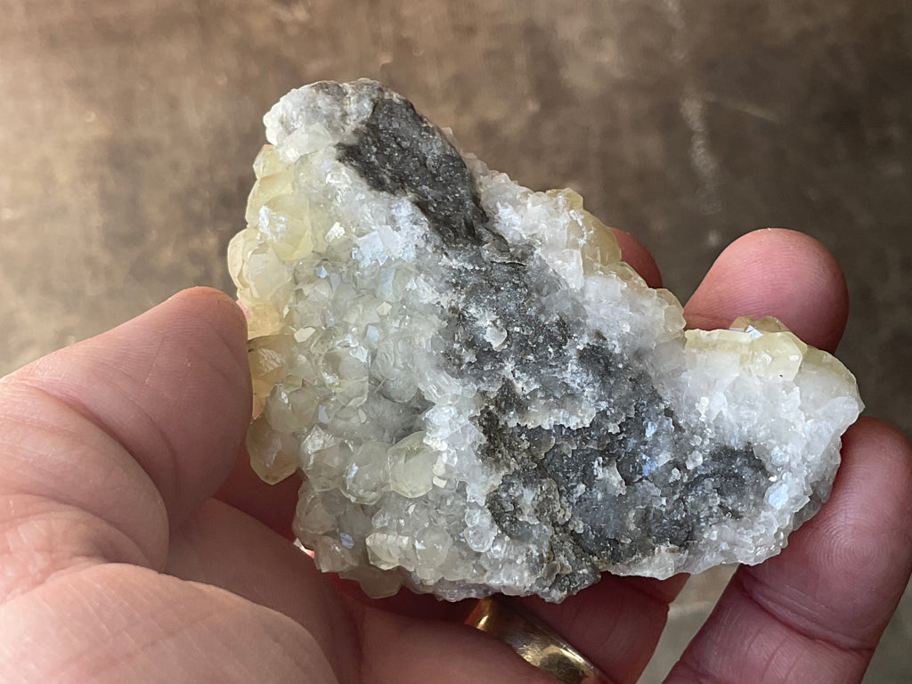 154g Yellow Botryoidal Calcite on Chalcedony on Druzy Quartz Specimen 3A