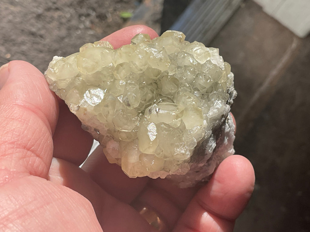 154g Yellow Botryoidal Calcite on Chalcedony on Druzy Quartz Specimen 3A