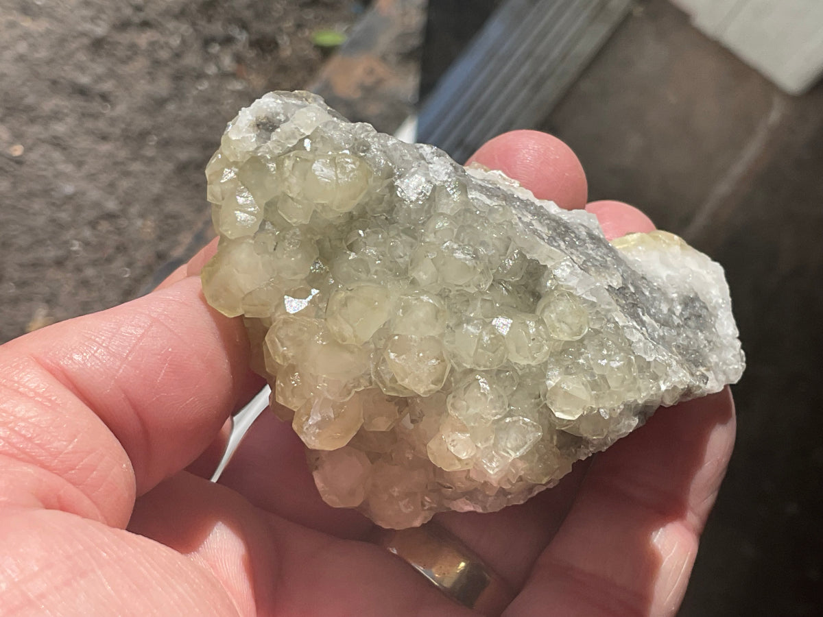 154g Yellow Botryoidal Calcite on Chalcedony on Druzy Quartz Specimen 3A