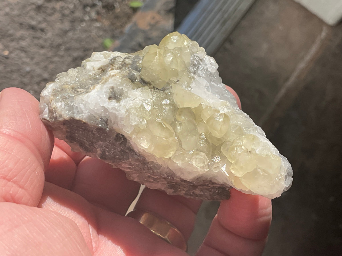 154g Yellow Botryoidal Calcite on Chalcedony on Druzy Quartz Specimen 3A