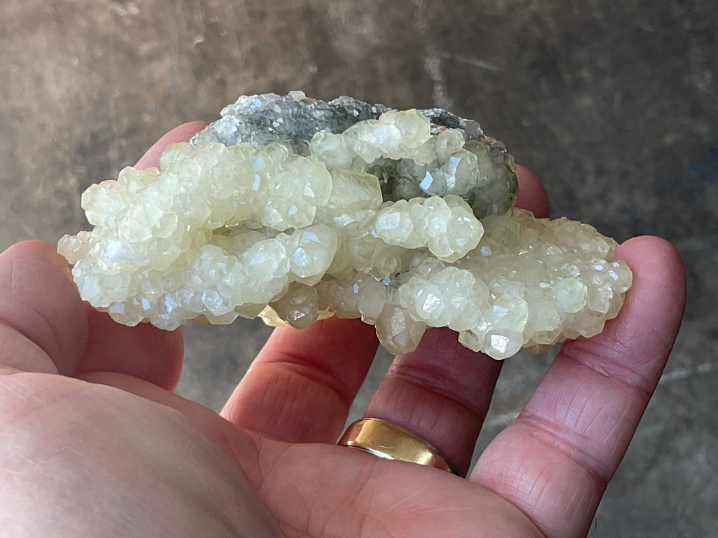 212g Yellow Botryoidal Calcite on Chalcedony on Druzy Quartz Specimen 3B from Guizhou, China