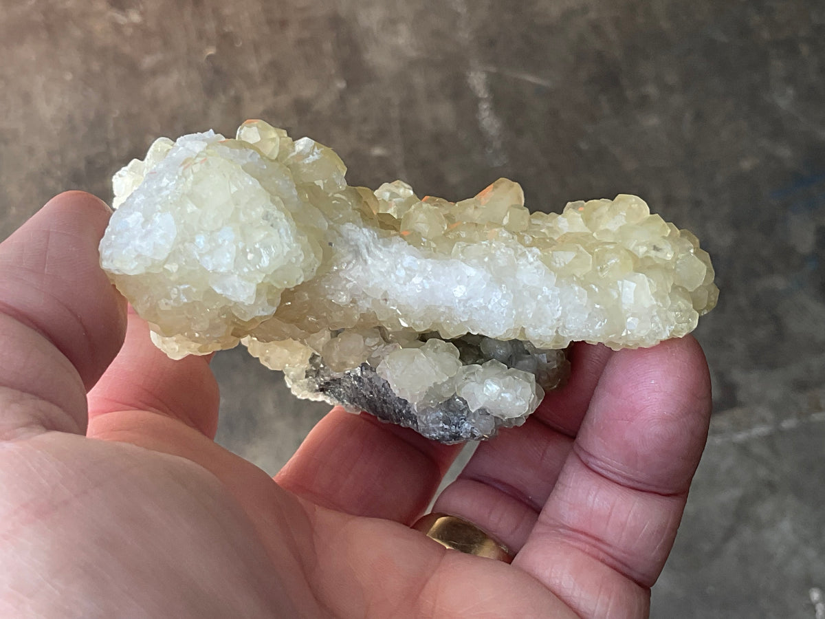 212g Yellow Botryoidal Calcite on Chalcedony on Druzy Quartz Specimen 3B from Guizhou, China