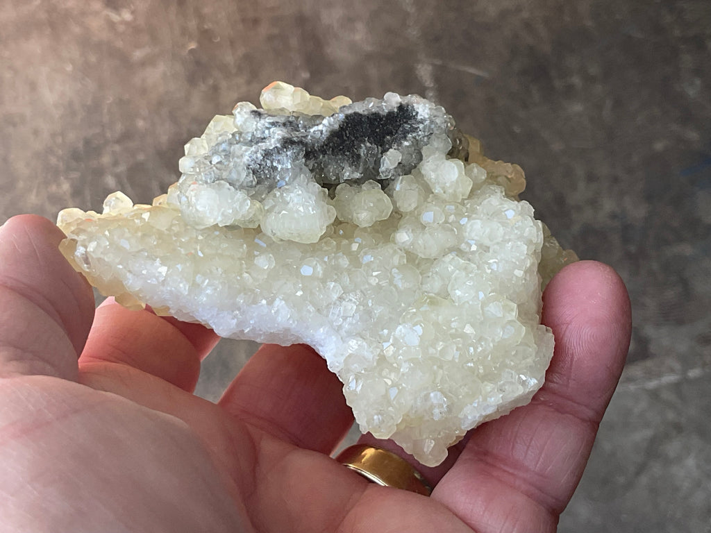 212g Yellow Botryoidal Calcite on Chalcedony on Druzy Quartz Specimen 3B from Guizhou, China