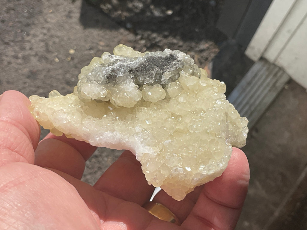 212g Yellow Botryoidal Calcite on Chalcedony on Druzy Quartz Specimen 3B from Guizhou, China
