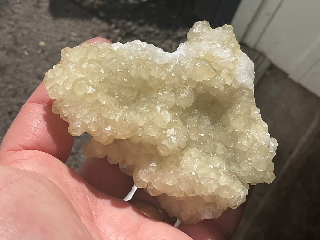 212g Yellow Botryoidal Calcite on Chalcedony on Druzy Quartz Specimen 3B from Guizhou, China