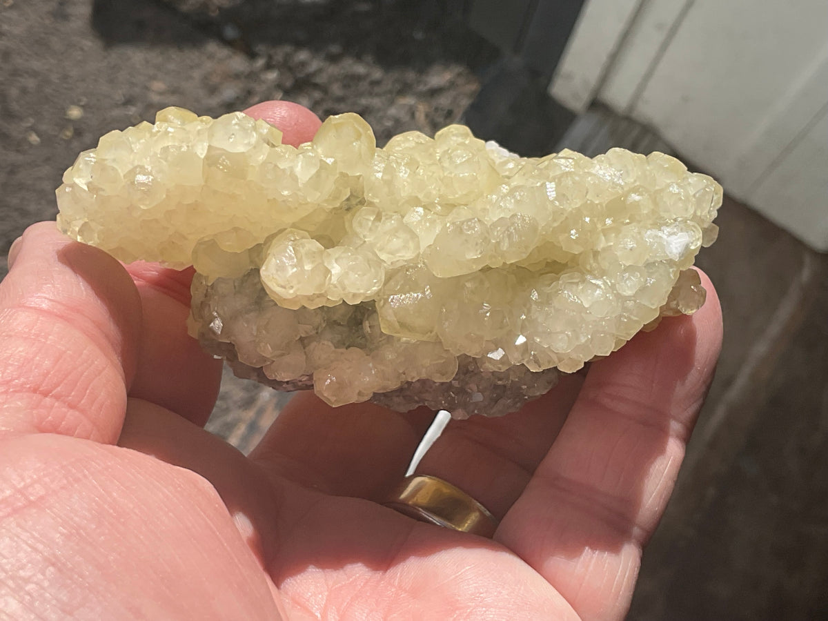 212g Yellow Botryoidal Calcite on Chalcedony on Druzy Quartz Specimen 3B from Guizhou, China