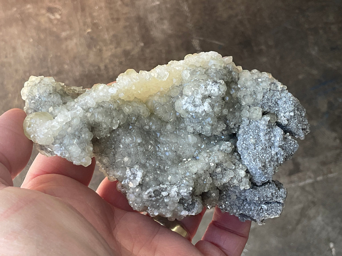 290g Yellow Botryoidal Calcite on Chalcedony on Druzy Quartz Specimen 3C