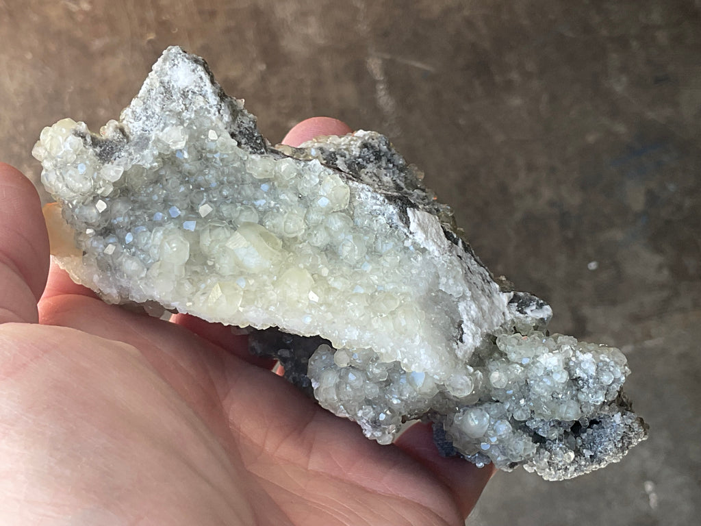 290g Yellow Botryoidal Calcite on Chalcedony on Druzy Quartz Specimen 3C