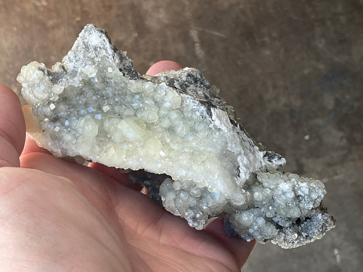 290g Yellow Botryoidal Calcite on Chalcedony on Druzy Quartz Specimen 3C