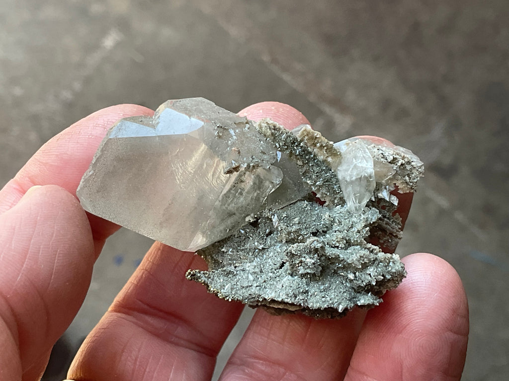 24g Large Diamond Calcite on Pyrite/Chalcedony on Druzy Quartz Matrix Specimen 1B from Fujian, China