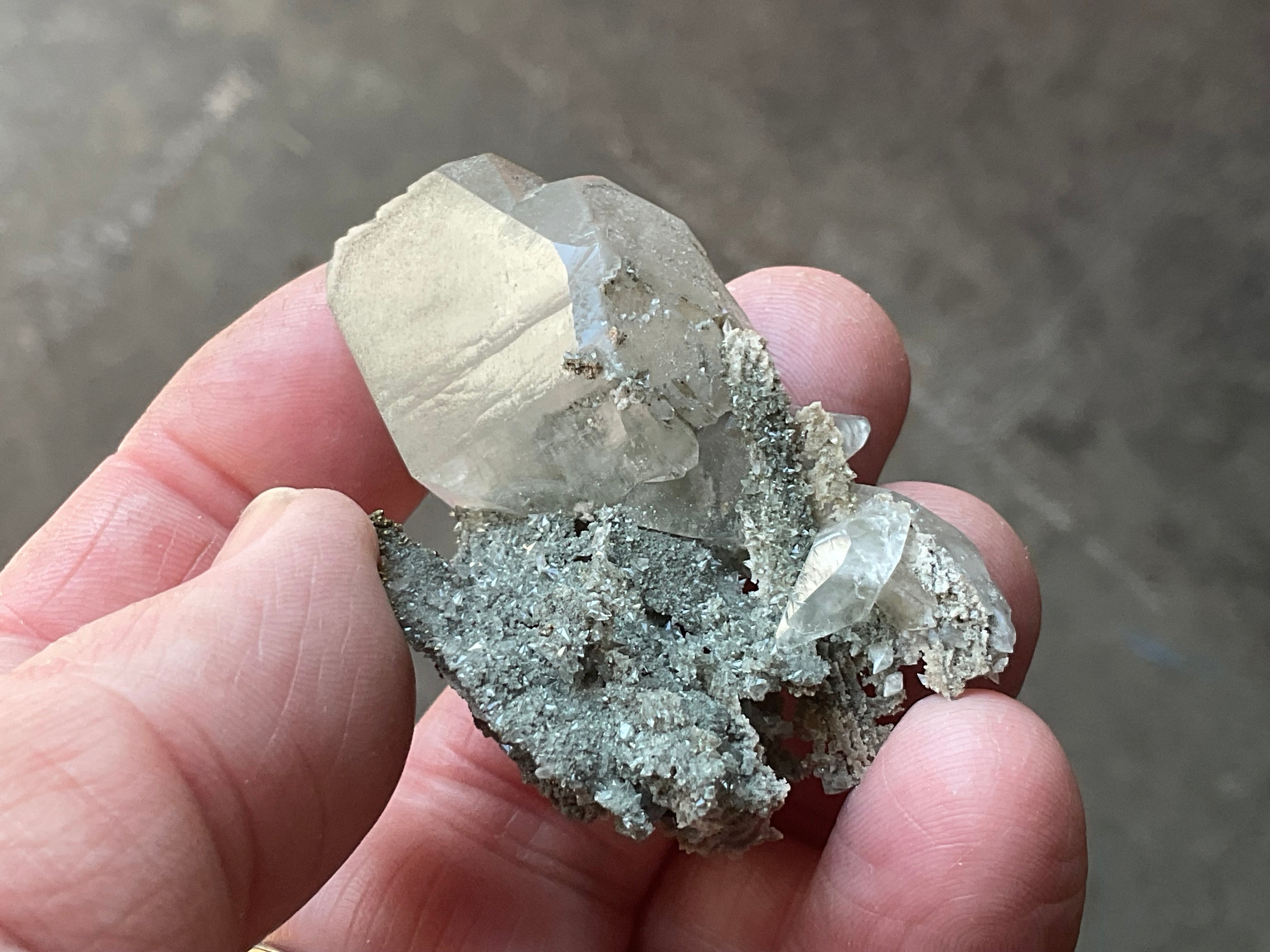 24g Large Diamond Calcite on Pyrite/Chalcedony on Druzy Quartz Matrix Specimen 1B from Fujian, China