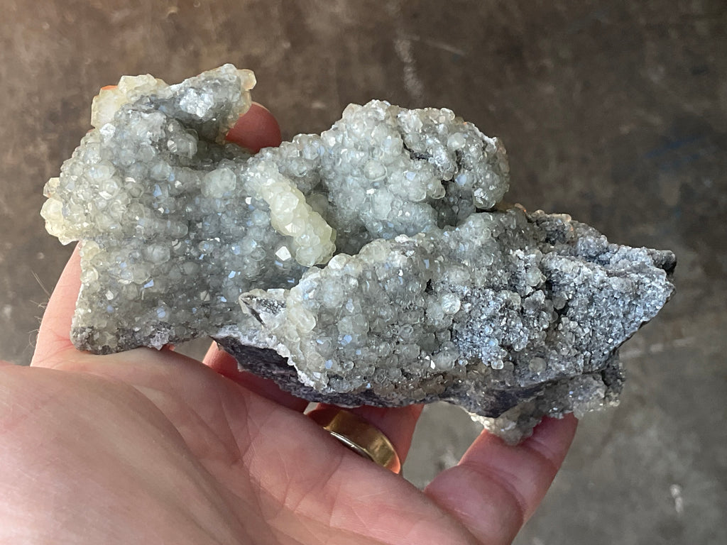 290g Yellow Botryoidal Calcite on Chalcedony on Druzy Quartz Specimen 3C