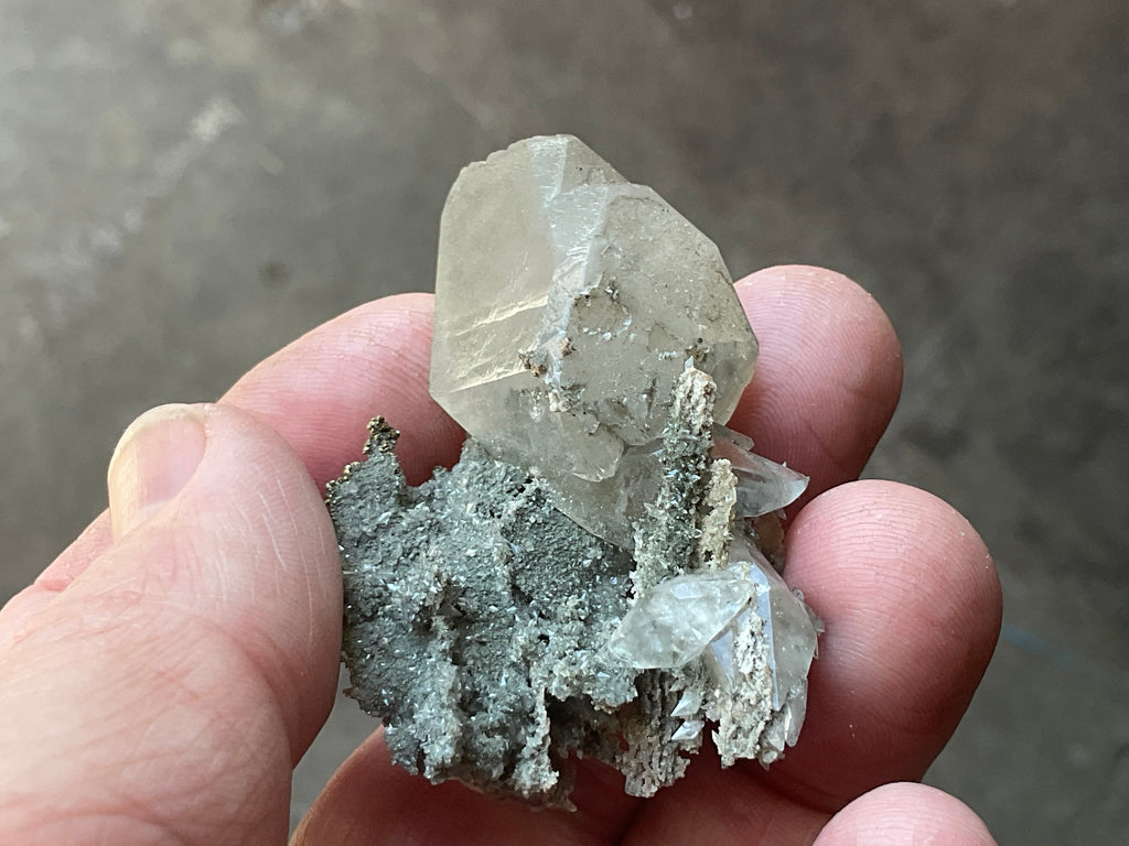 24g Large Diamond Calcite on Pyrite/Chalcedony on Druzy Quartz Matrix Specimen 1B from Fujian, China