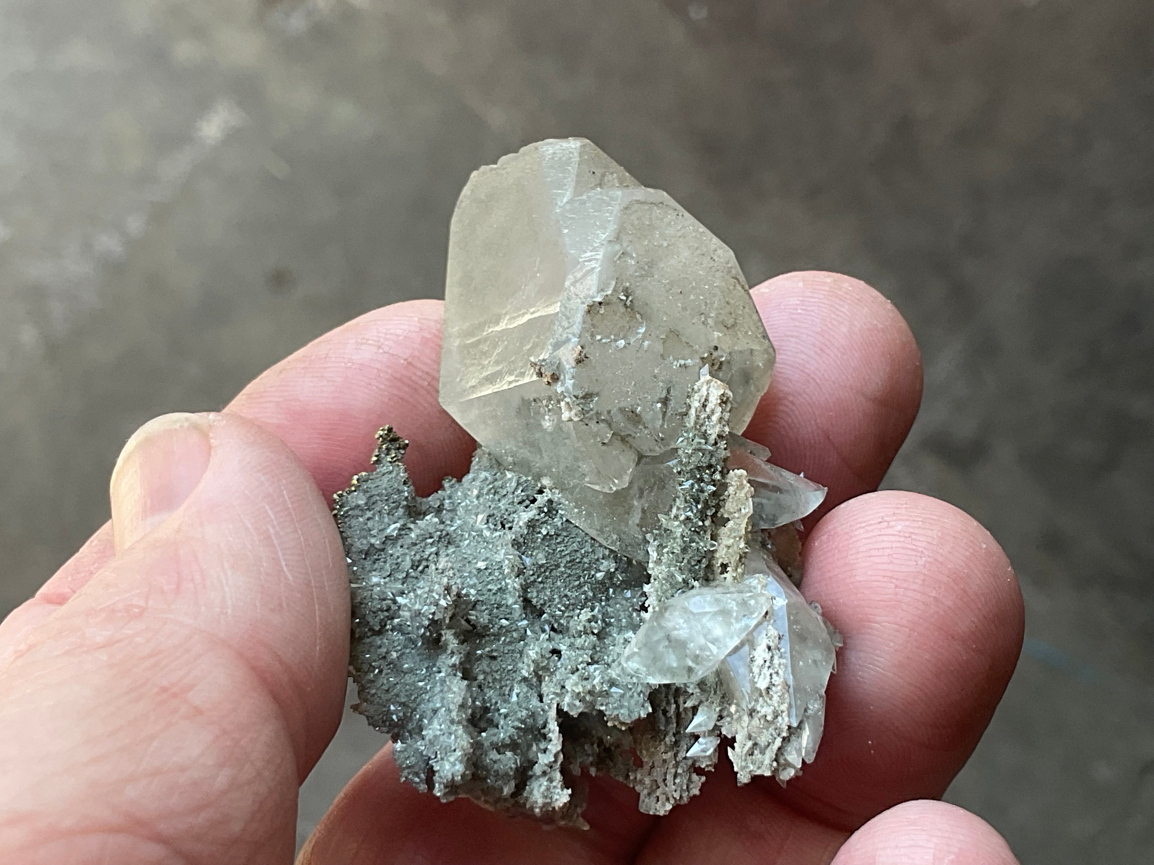 24g Large Diamond Calcite on Pyrite/Chalcedony on Druzy Quartz Matrix Specimen 1B from Fujian, China