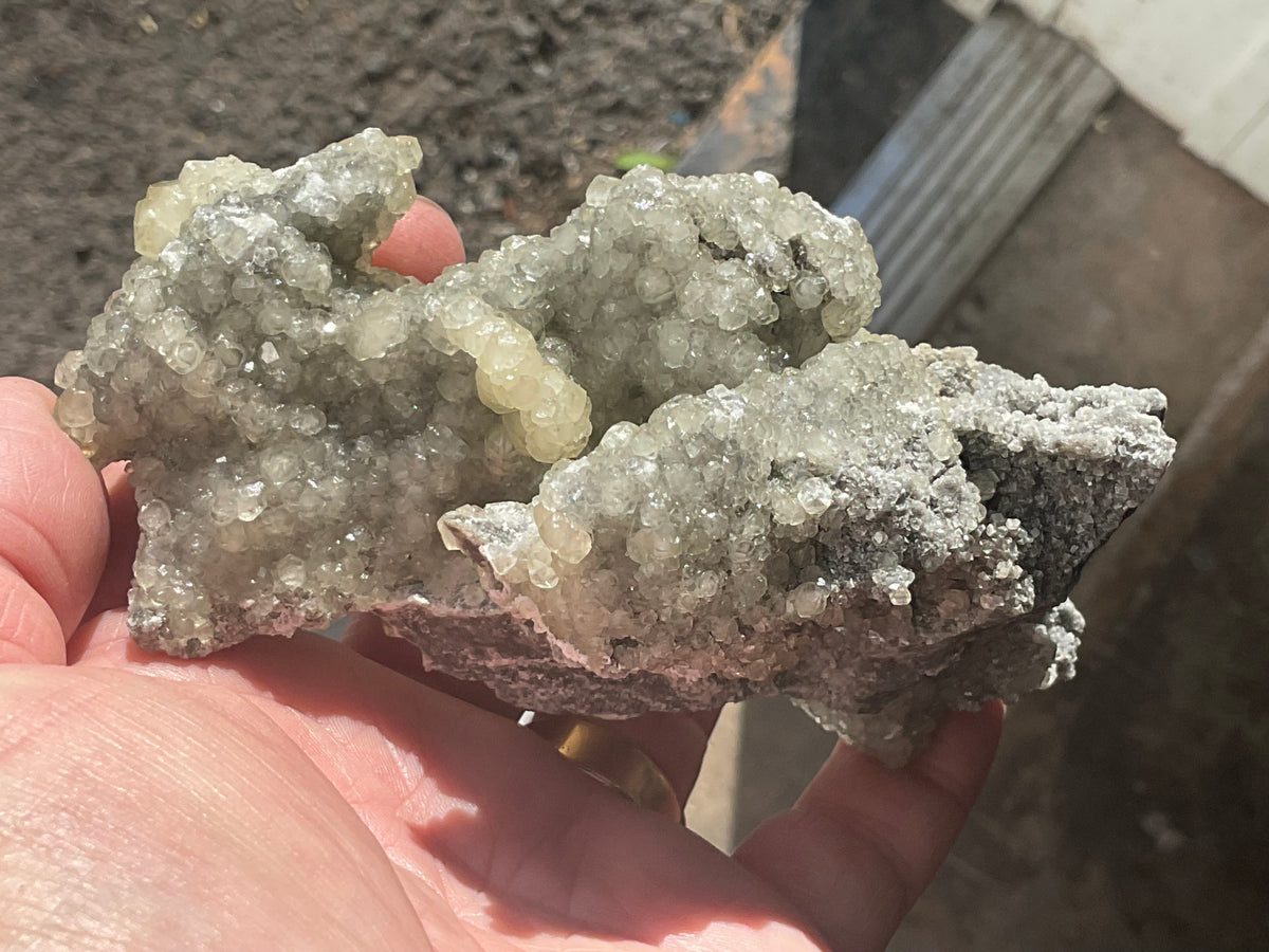 290g Yellow Botryoidal Calcite on Chalcedony on Druzy Quartz Specimen 3C