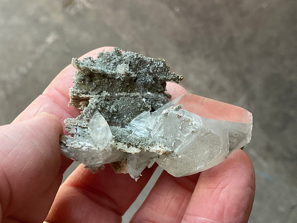 24g Large Diamond Calcite on Pyrite/Chalcedony on Druzy Quartz Matrix Specimen 1B from Fujian, China