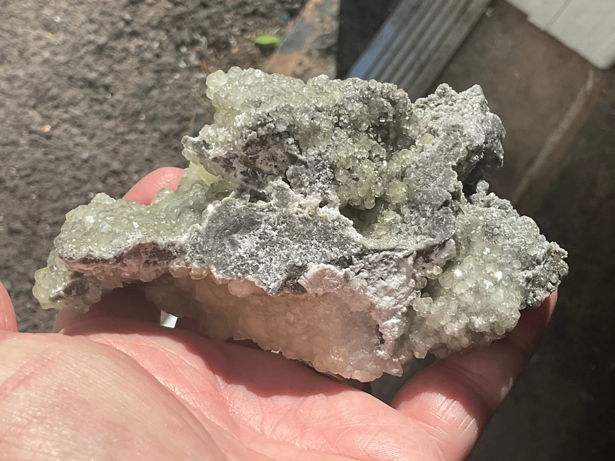 290g Yellow Botryoidal Calcite on Chalcedony on Druzy Quartz Specimen 3C