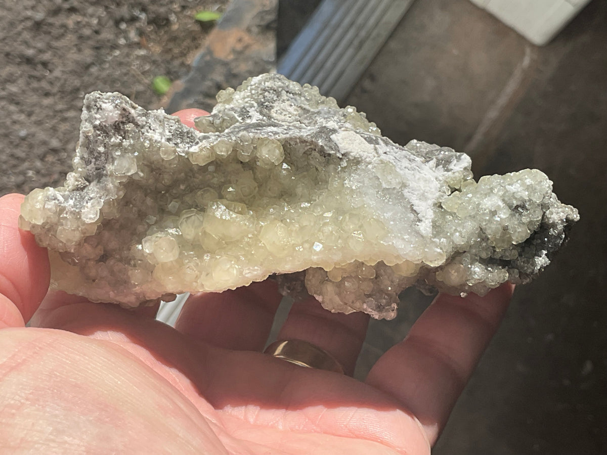 290g Yellow Botryoidal Calcite on Chalcedony on Druzy Quartz Specimen 3C