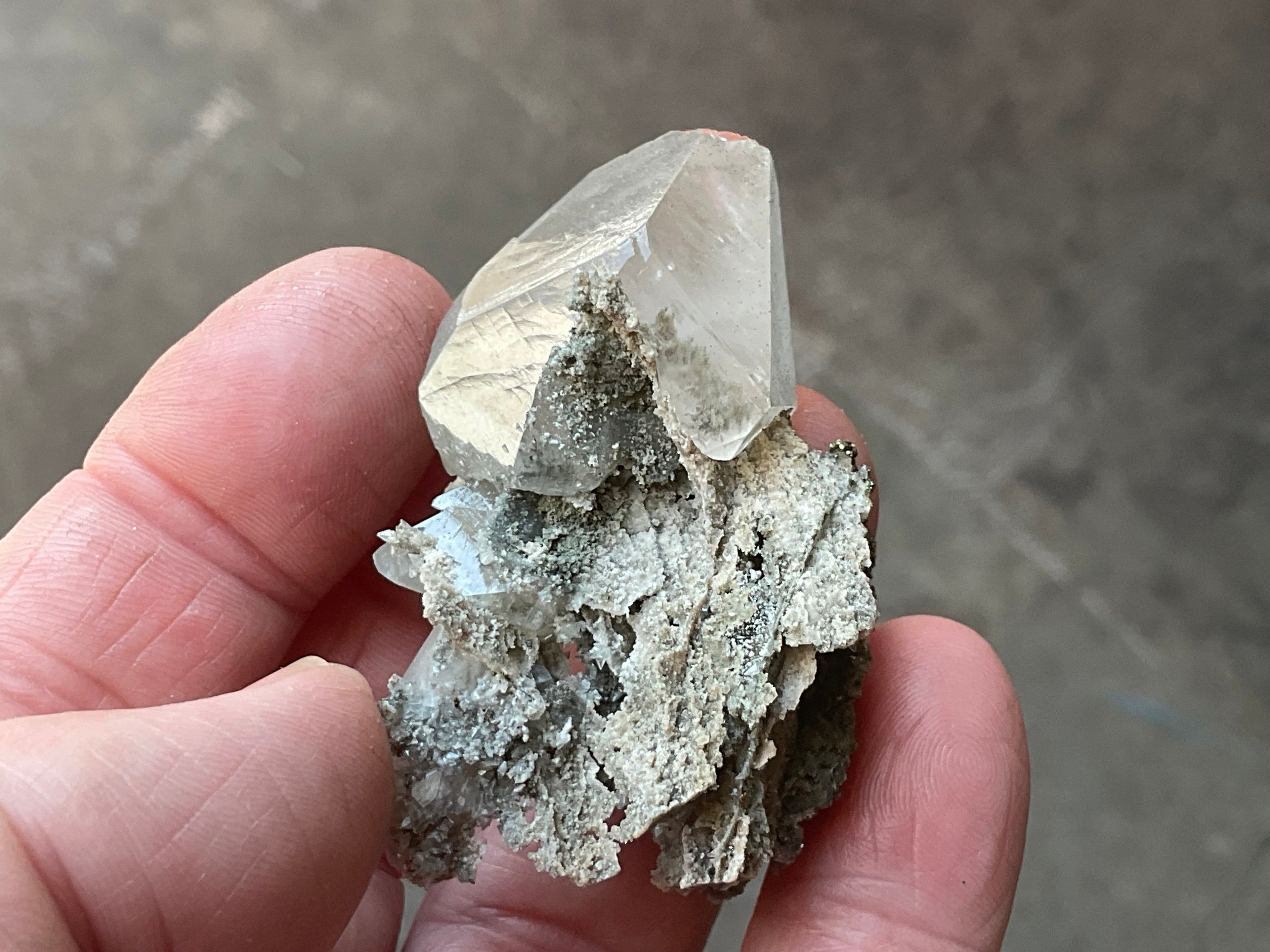 24g Large Diamond Calcite on Pyrite/Chalcedony on Druzy Quartz Matrix Specimen 1B from Fujian, China