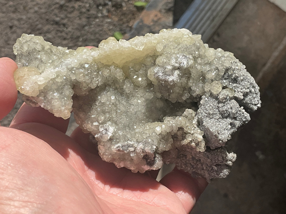 290g Yellow Botryoidal Calcite on Chalcedony on Druzy Quartz Specimen 3C