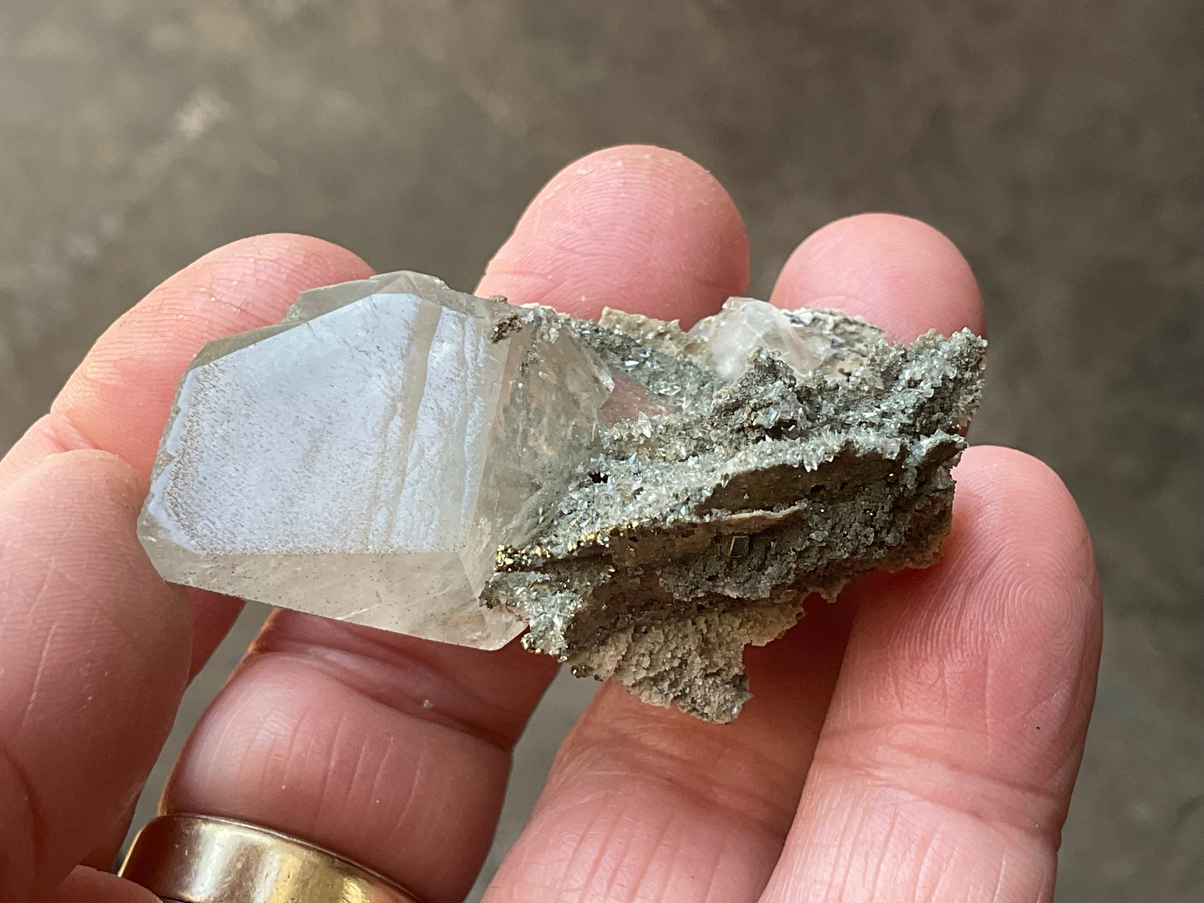24g Large Diamond Calcite on Pyrite/Chalcedony on Druzy Quartz Matrix Specimen 1B from Fujian, China