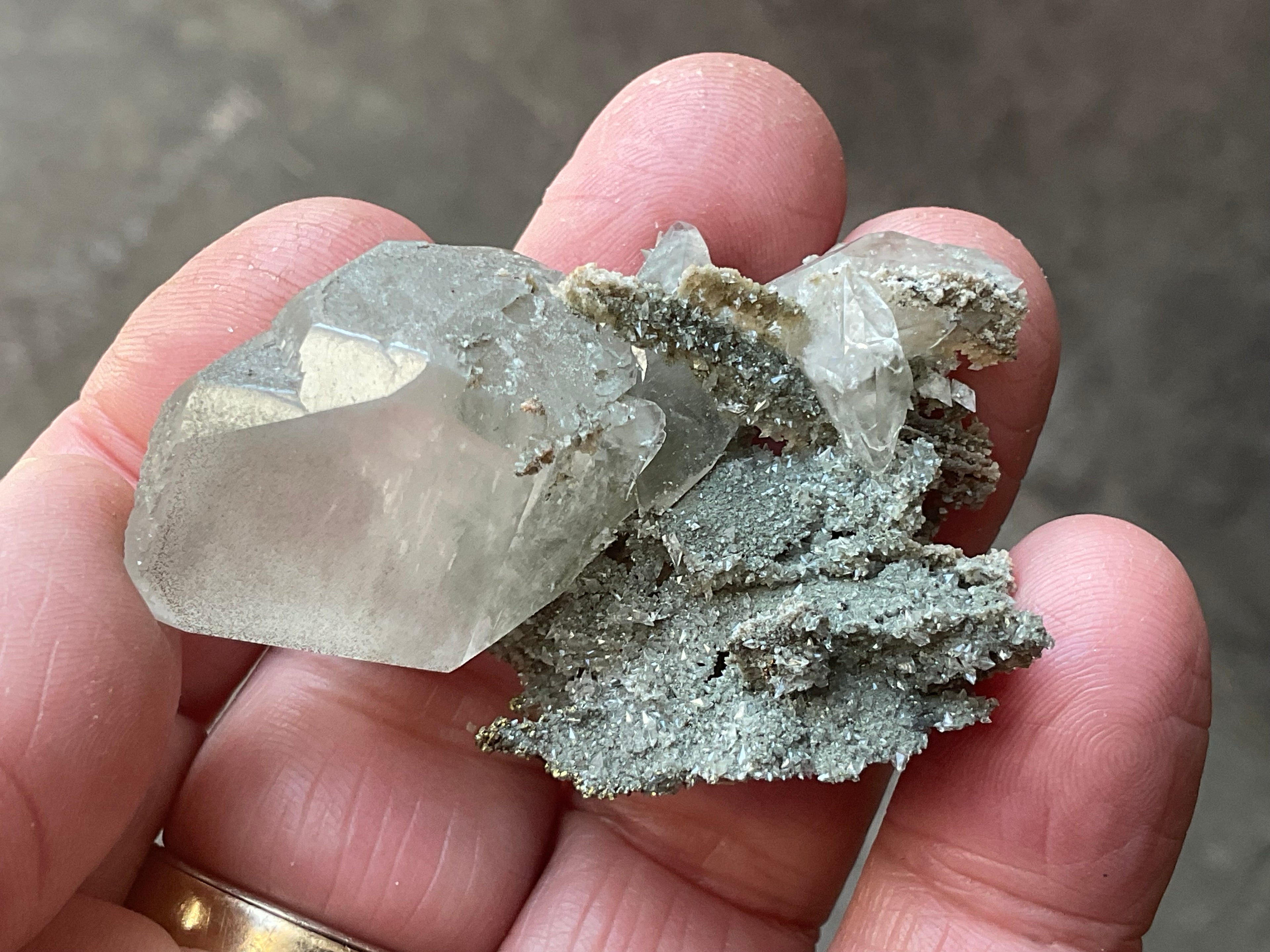 24g Large Diamond Calcite on Pyrite/Chalcedony on Druzy Quartz Matrix Specimen 1B from Fujian, China