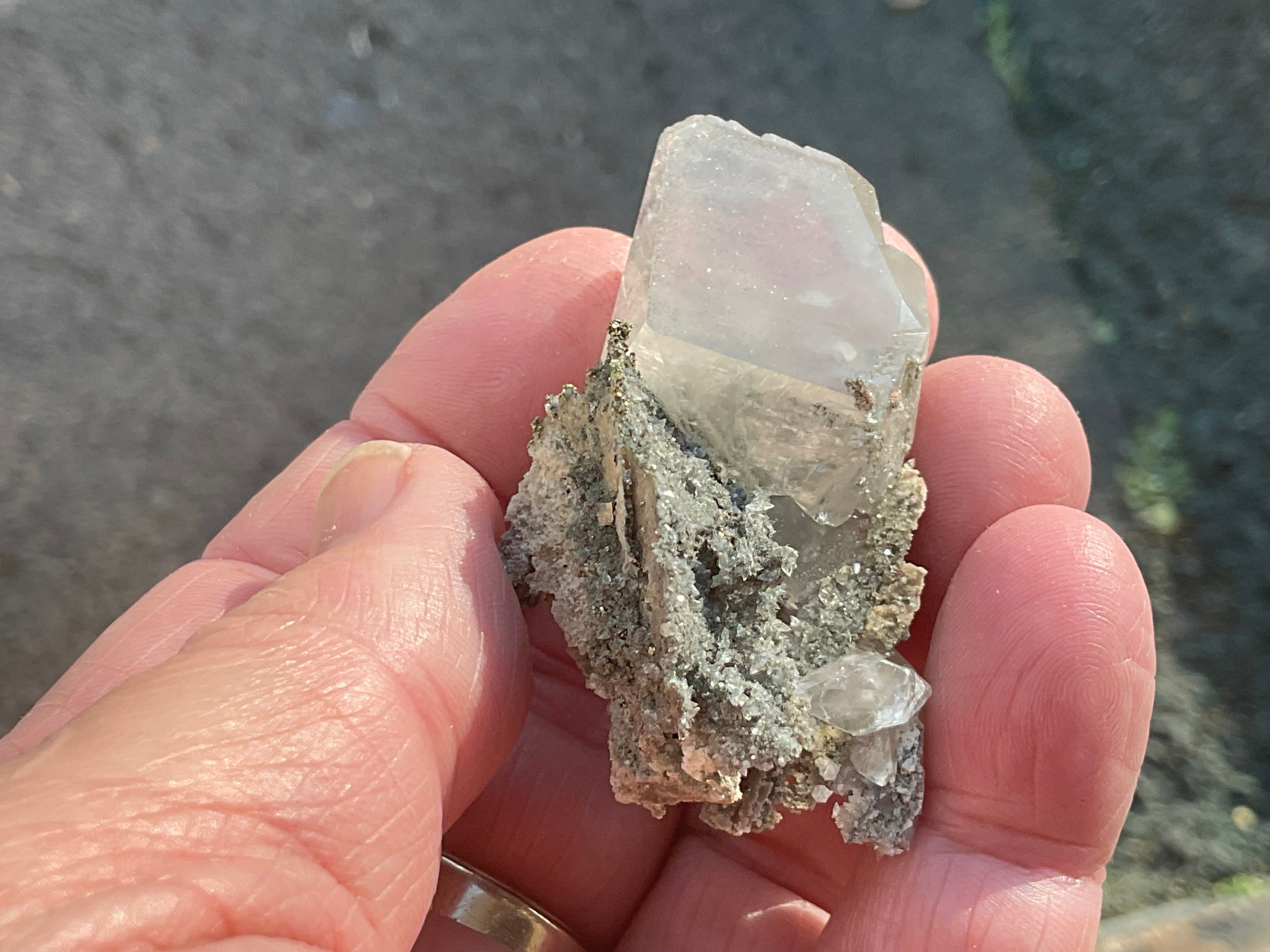 24g Large Diamond Calcite on Pyrite/Chalcedony on Druzy Quartz Matrix Specimen 1B from Fujian, China