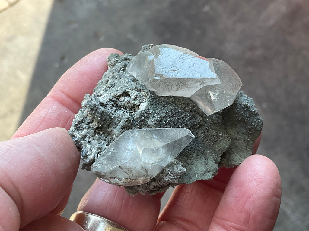 40g Large Dog Tooth Calcite on Pyrite/Chalcedony on Druzy Quartz Matrix Specimen 1C