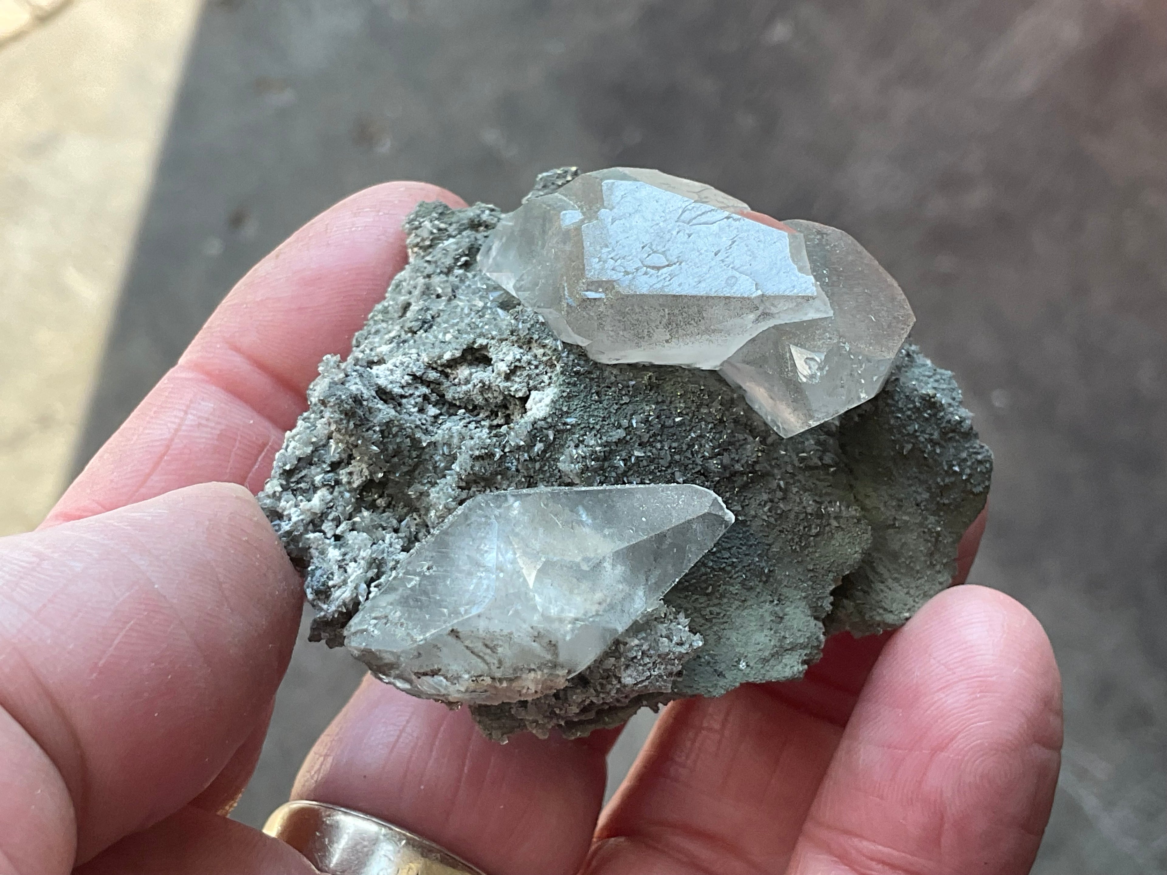 40g Large Dog Tooth Calcite on Pyrite/Chalcedony on Druzy Quartz Matrix Specimen 1C