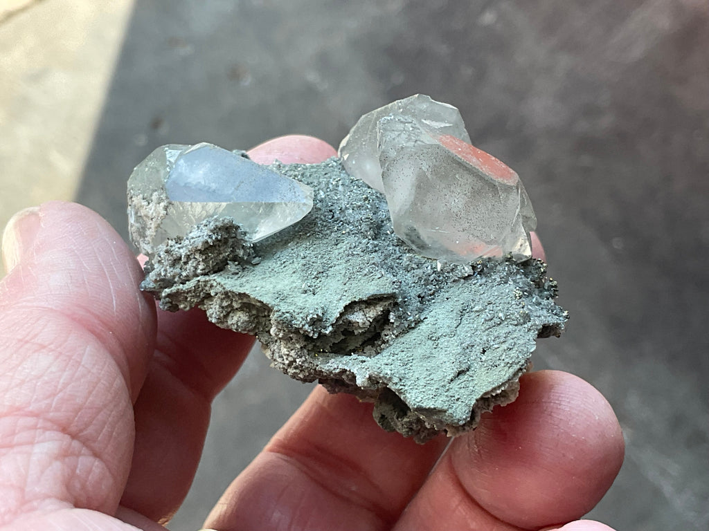 40g Large Dog Tooth Calcite on Pyrite/Chalcedony on Druzy Quartz Matrix Specimen 1C