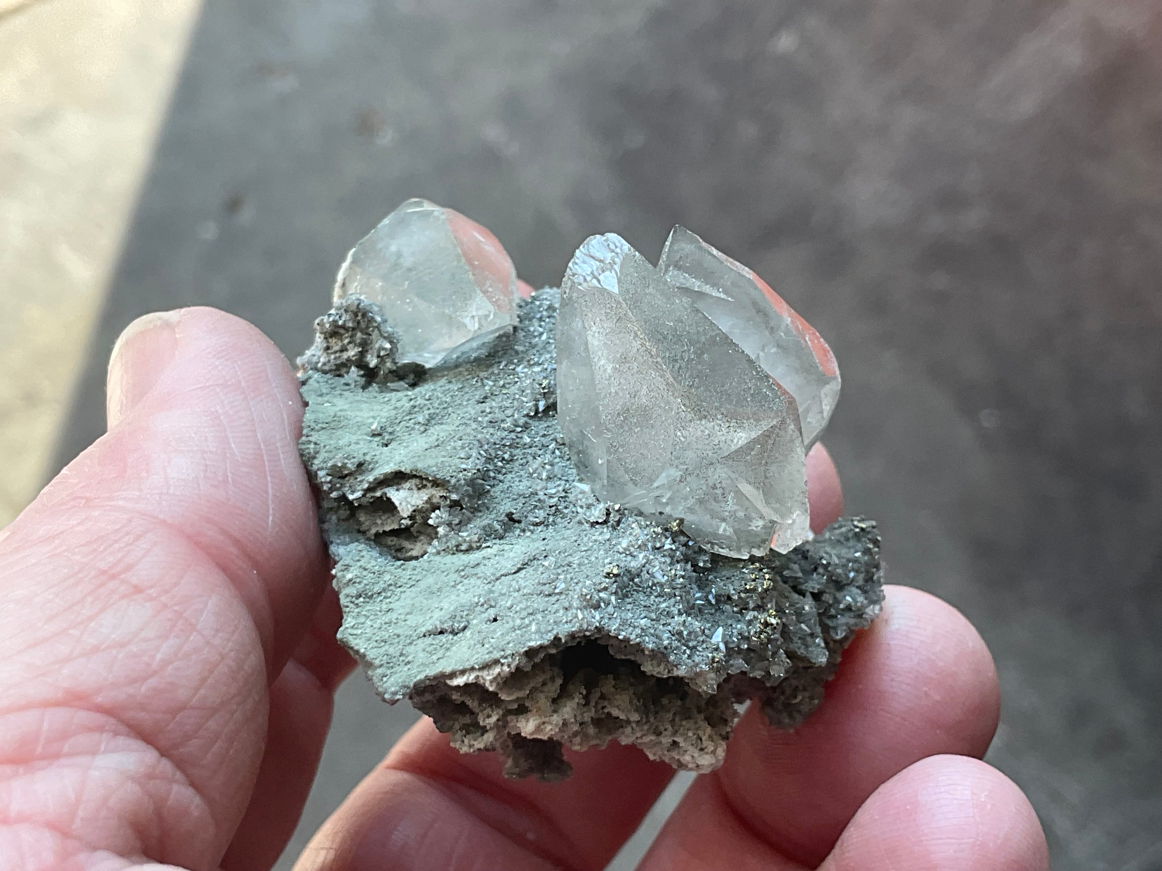 40g Large Dog Tooth Calcite on Pyrite/Chalcedony on Druzy Quartz Matrix Specimen 1C