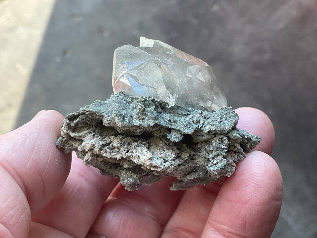 40g Large Dog Tooth Calcite on Pyrite/Chalcedony on Druzy Quartz Matrix Specimen 1C