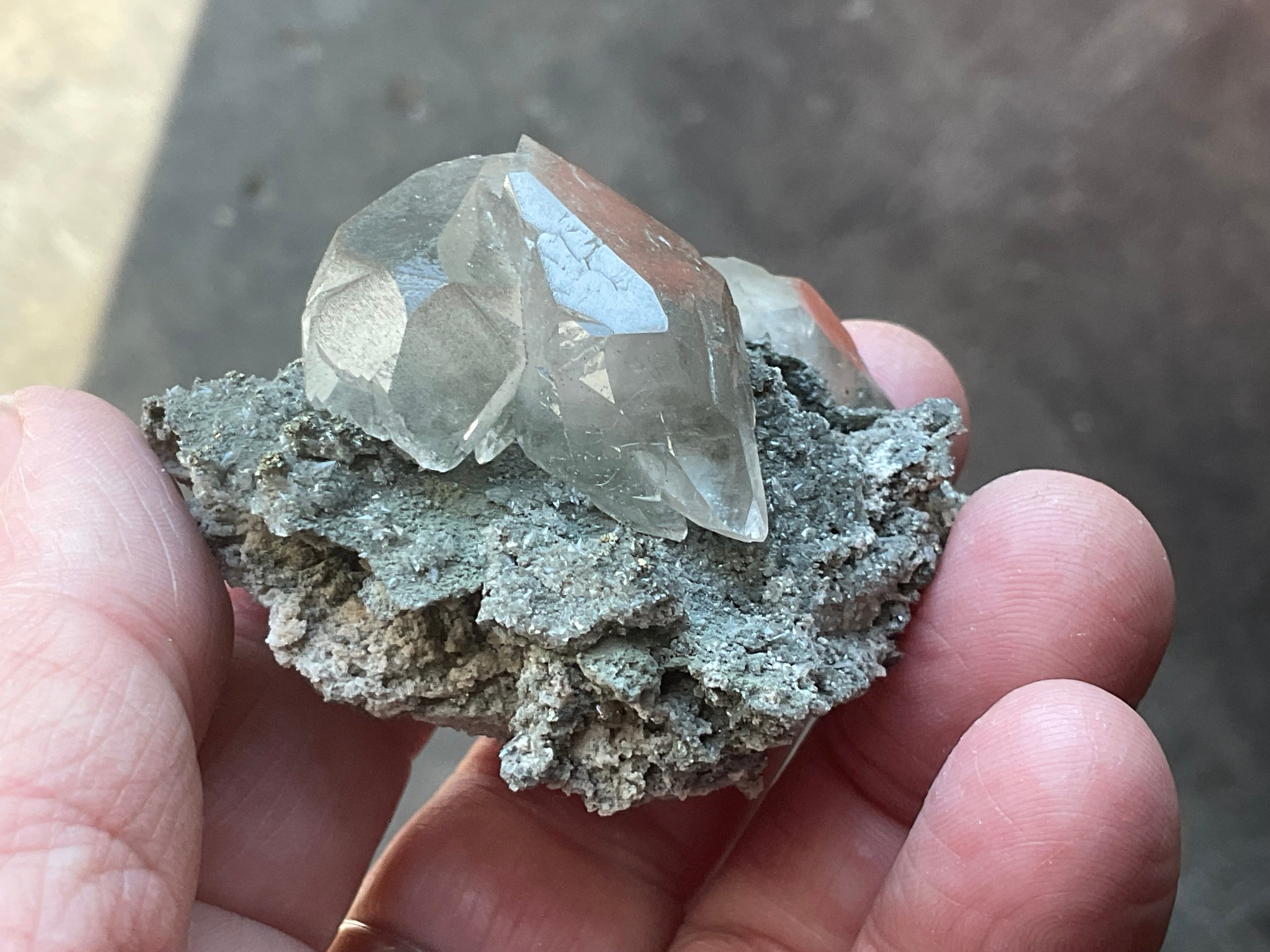 40g Large Dog Tooth Calcite on Pyrite/Chalcedony on Druzy Quartz Matrix Specimen 1C