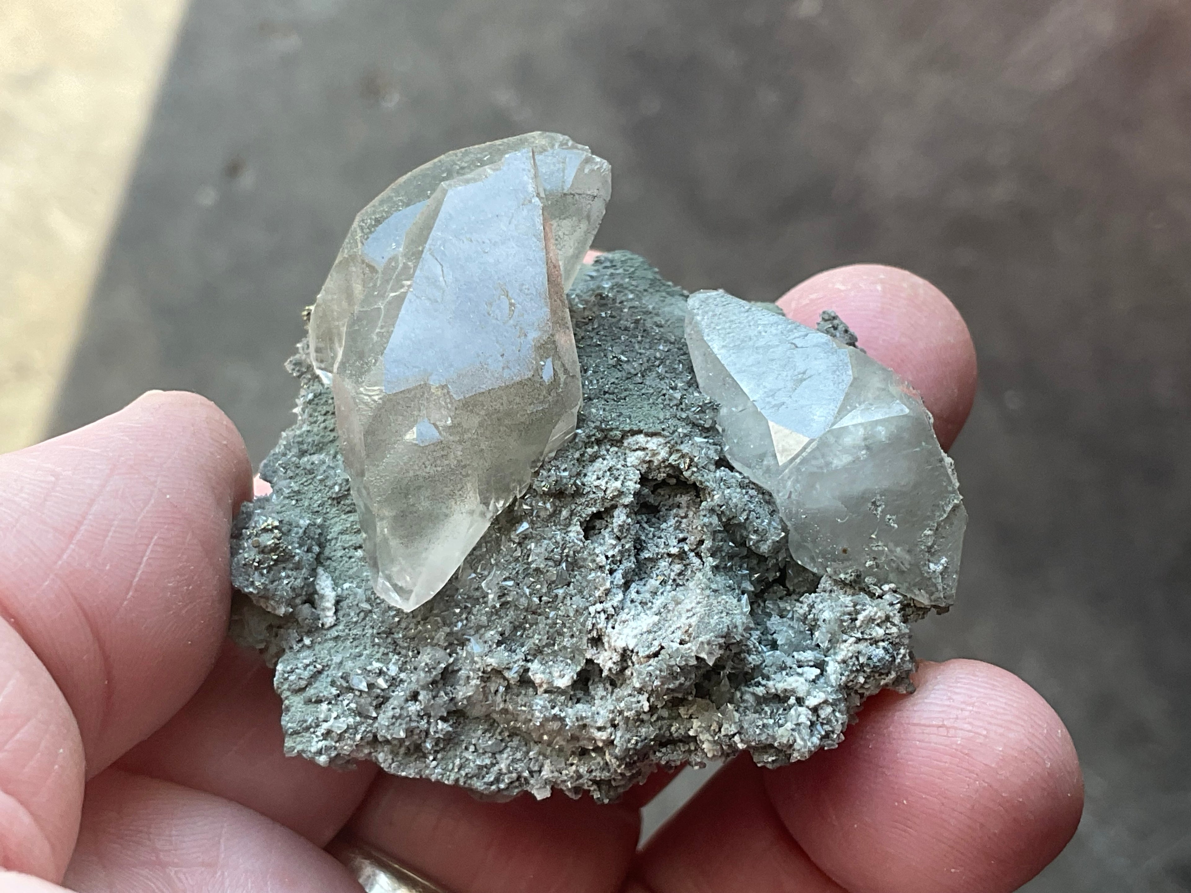 40g Large Dog Tooth Calcite on Pyrite/Chalcedony on Druzy Quartz Matrix Specimen 1C