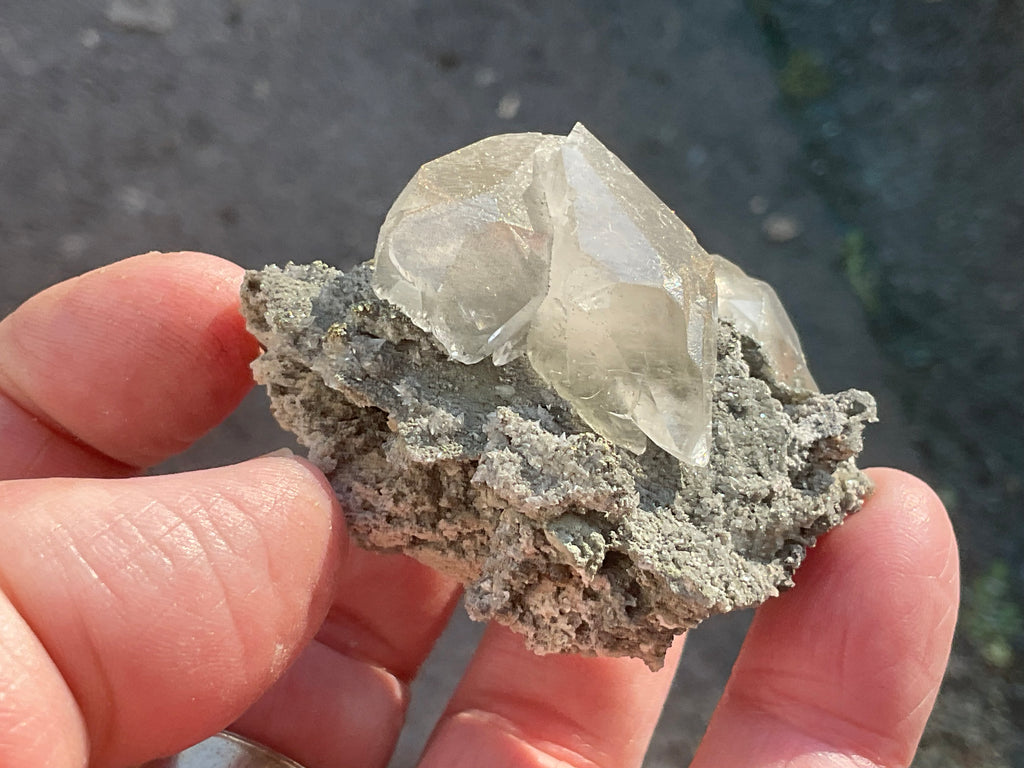40g Large Dog Tooth Calcite on Pyrite/Chalcedony on Druzy Quartz Matrix Specimen 1C