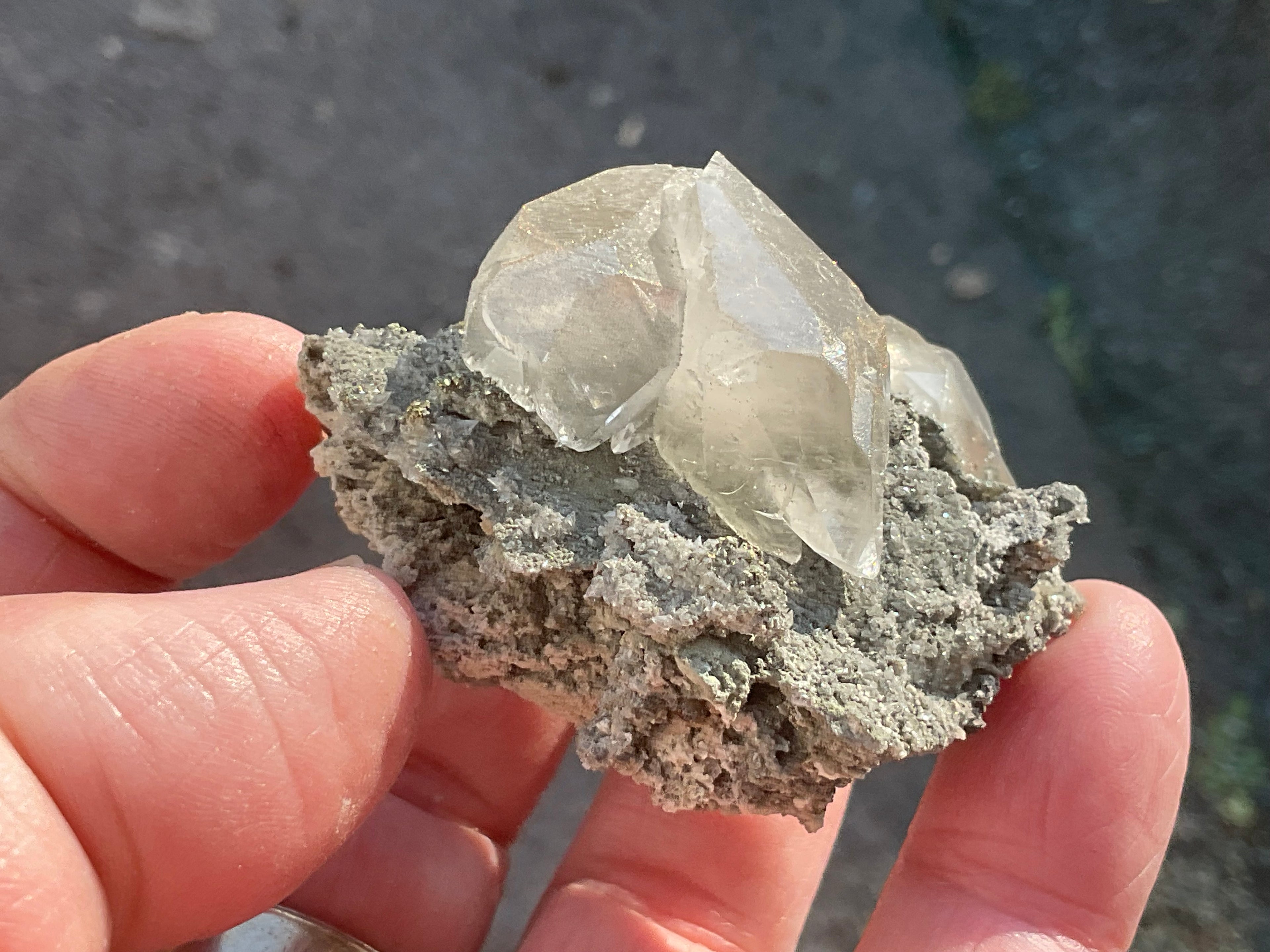 40g Large Dog Tooth Calcite on Pyrite/Chalcedony on Druzy Quartz Matrix Specimen 1C