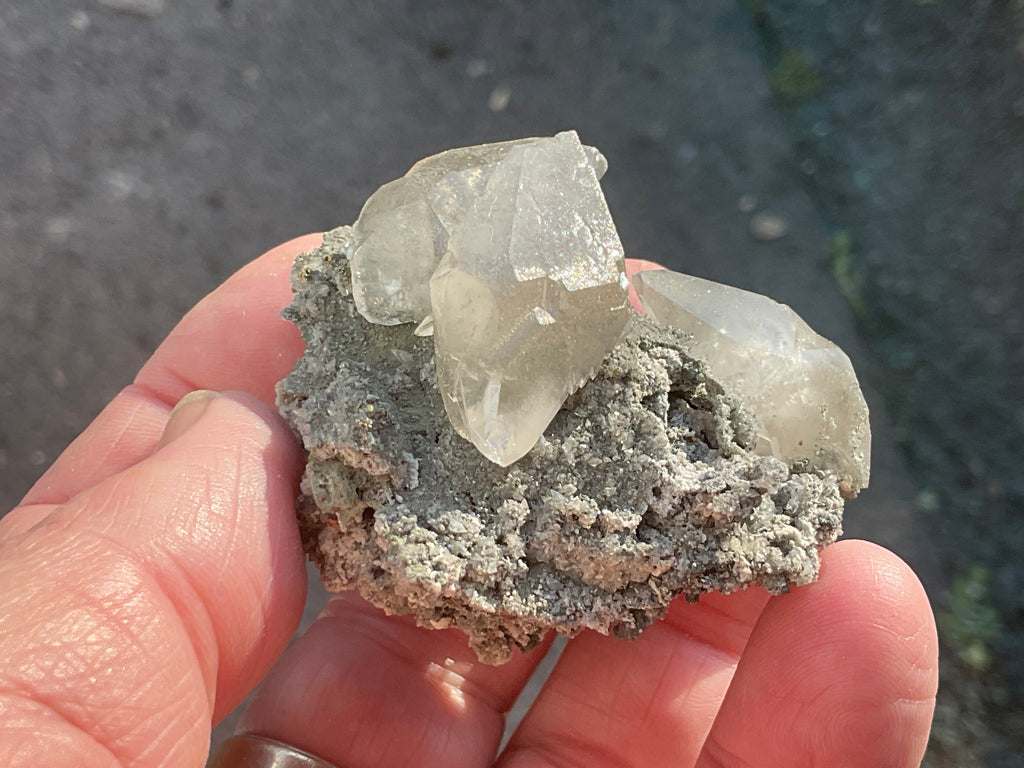 40g Large Dog Tooth Calcite on Pyrite/Chalcedony on Druzy Quartz Matrix Specimen 1C