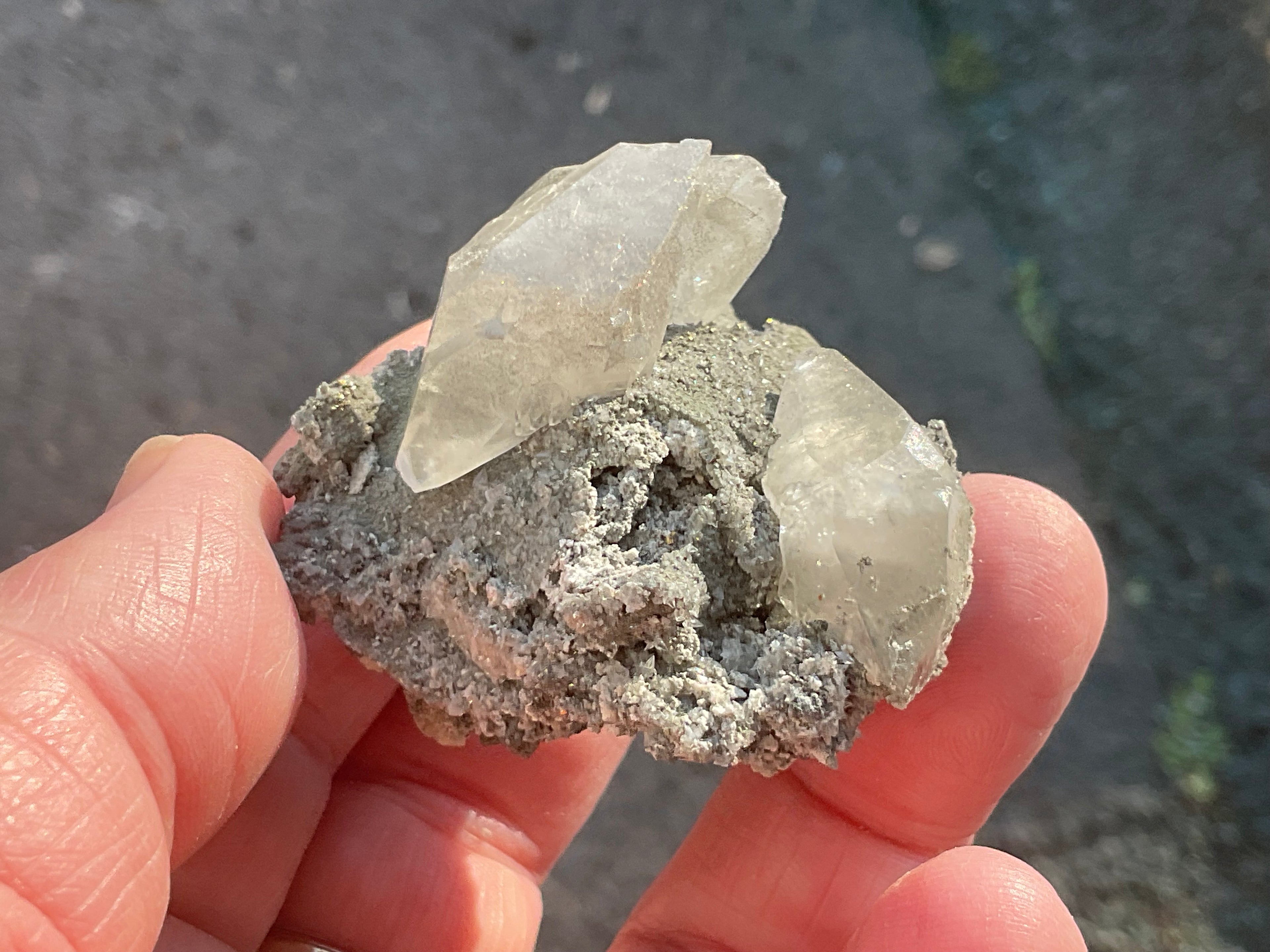 40g Large Dog Tooth Calcite on Pyrite/Chalcedony on Druzy Quartz Matrix Specimen 1C