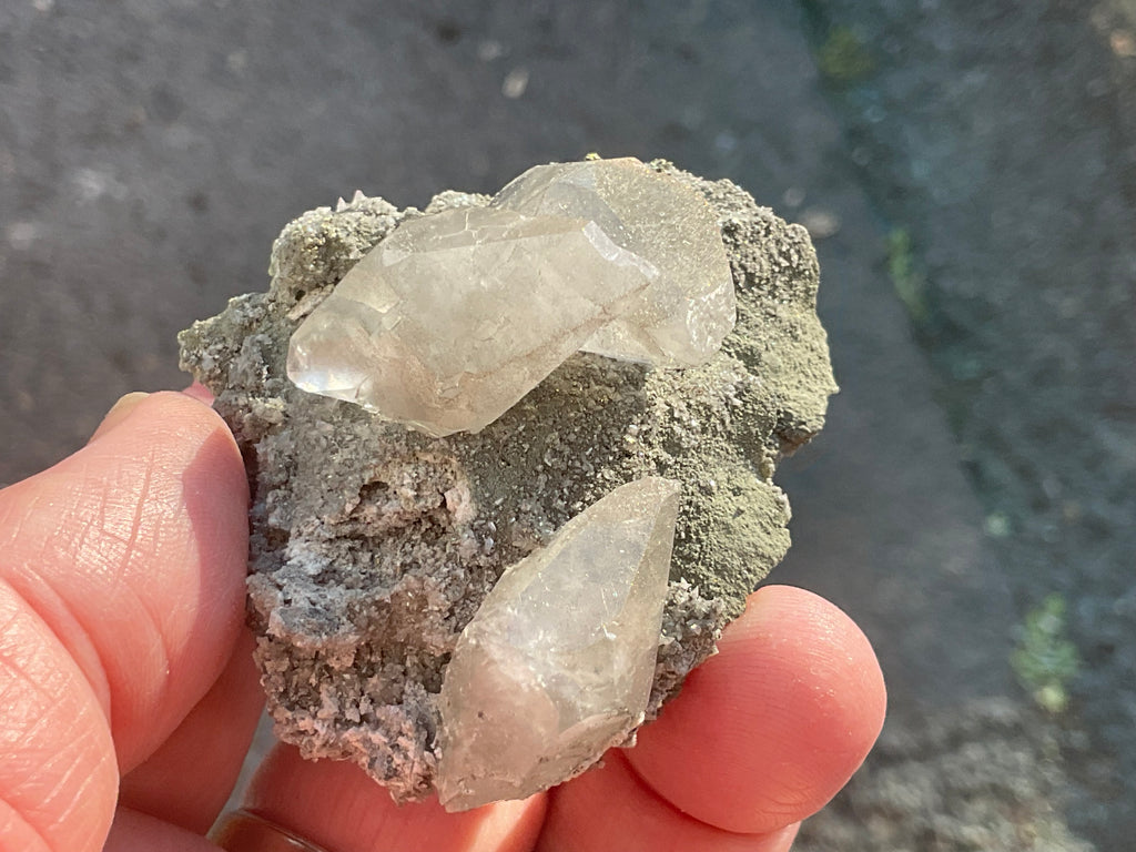 40g Large Dog Tooth Calcite on Pyrite/Chalcedony on Druzy Quartz Matrix Specimen 1C