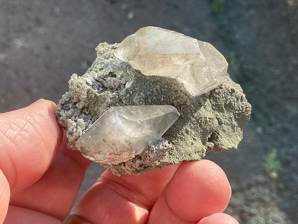 40g Large Dog Tooth Calcite on Pyrite/Chalcedony on Druzy Quartz Matrix Specimen 1C