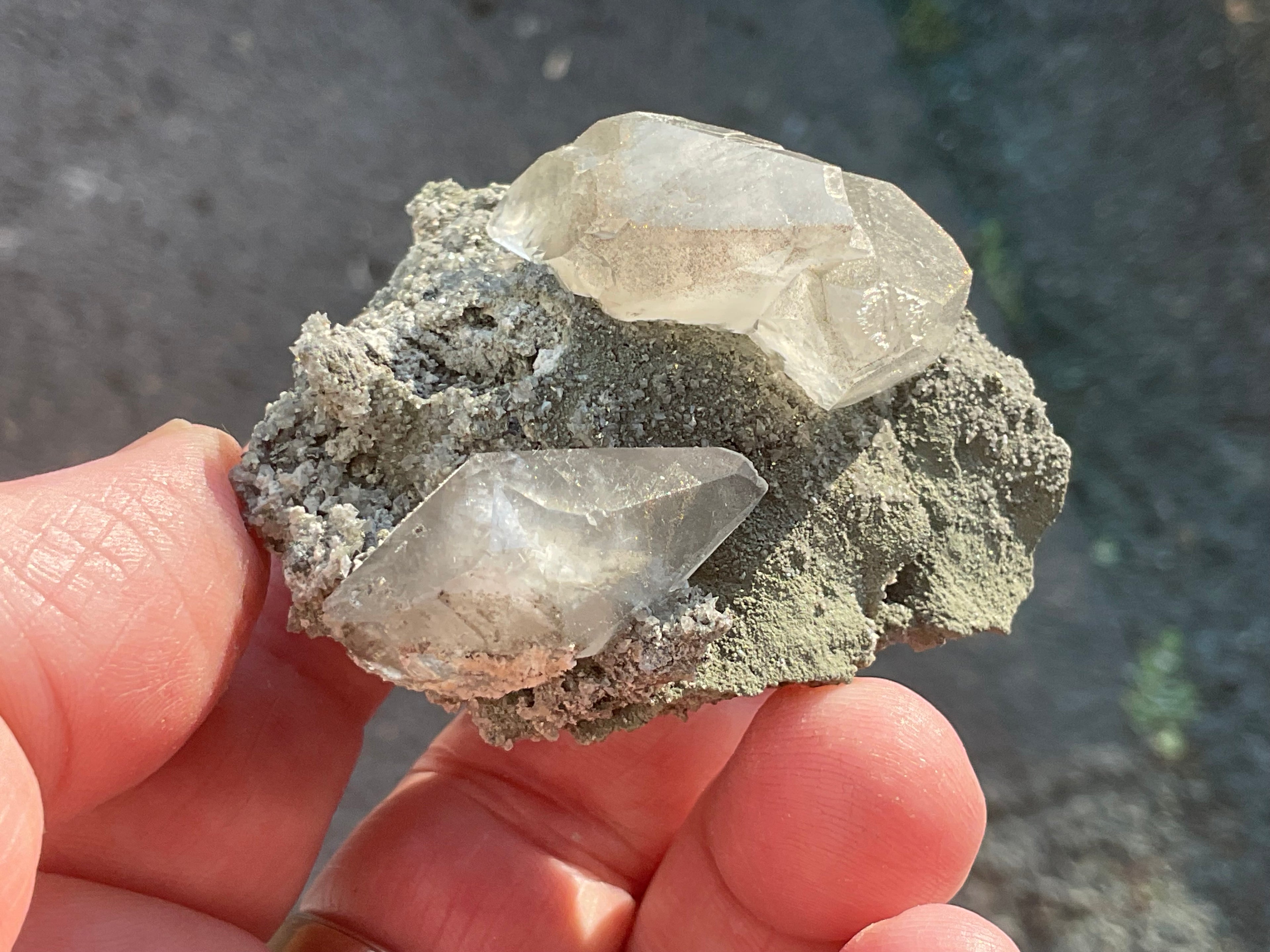 40g Large Dog Tooth Calcite on Pyrite/Chalcedony on Druzy Quartz Matrix Specimen 1C