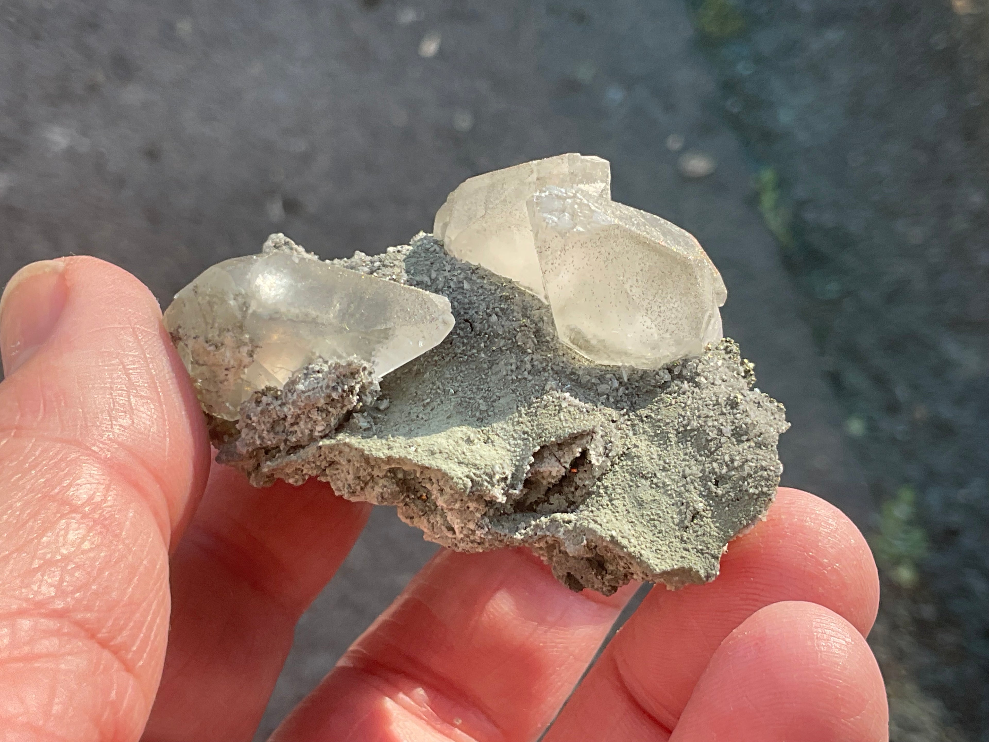 40g Large Dog Tooth Calcite on Pyrite/Chalcedony on Druzy Quartz Matrix Specimen 1C