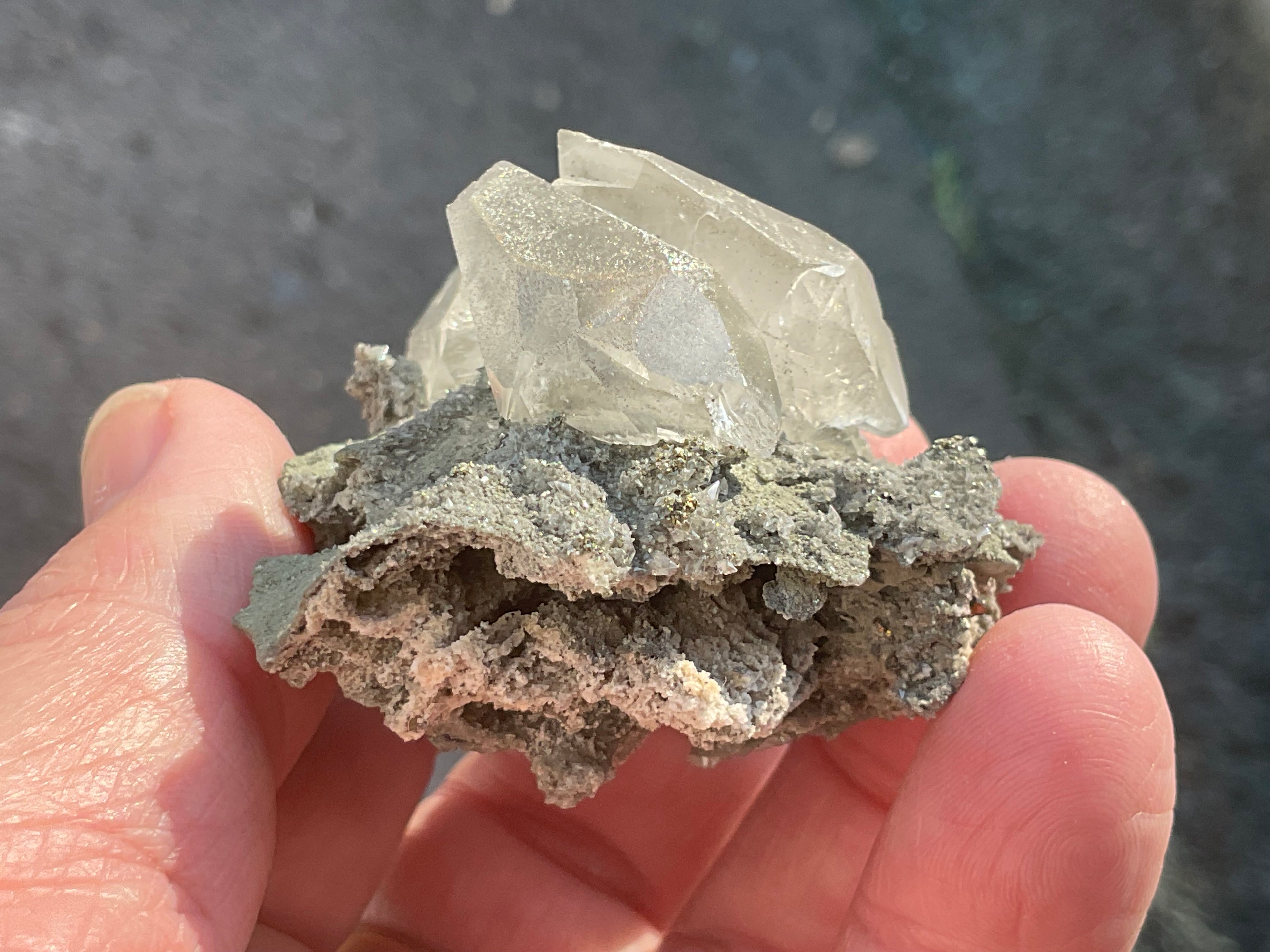 40g Large Dog Tooth Calcite on Pyrite/Chalcedony on Druzy Quartz Matrix Specimen 1C