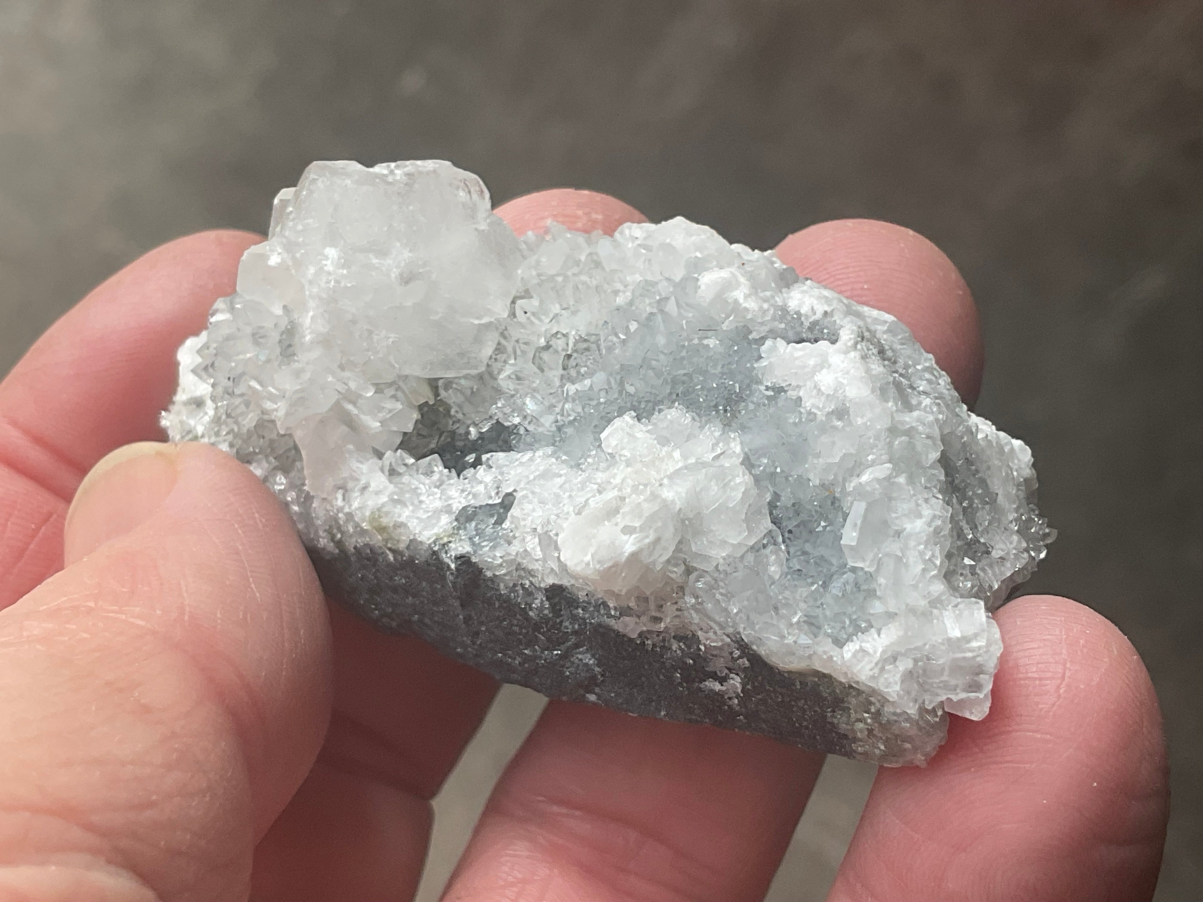 42g Hexagonal Calcite on Quartz/Chalcedony on Druzy Quartz Matrix Specimen 1A from Fujian, China